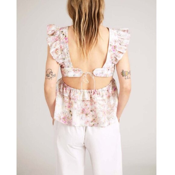 Munthe Womens Size S Pink Blouse Top Floral Ruffle Sleeve Open Back Spring - Picture 2 of 7